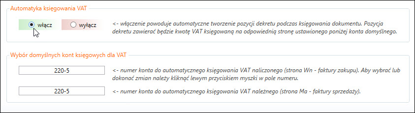 Grupy ustawień dla automatycznego księgowania podatku VAT